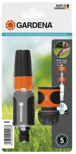 Gardena tuinspuitset 13 mm met zwarte en oranje sproeikop, in blister