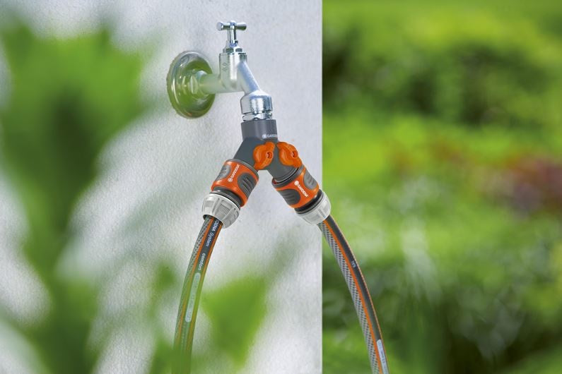 Gardena 2-wegstuk 1/2" met twee slangkoppelingen en oranje afsluitknoppen