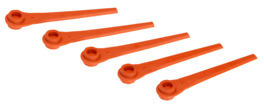Vijf oranje snijkoppen/kapjes voor een accutrimmer met SmallCut-onderdeel