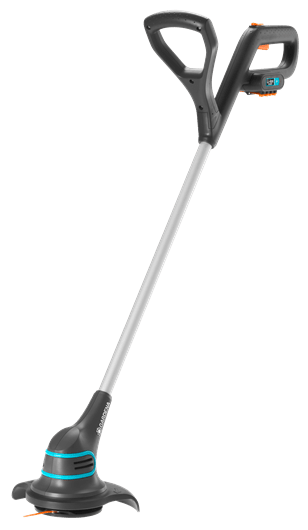 Gardena accutrimmer met lange steel en maaikop, zwart en grijs met blauwe accenten