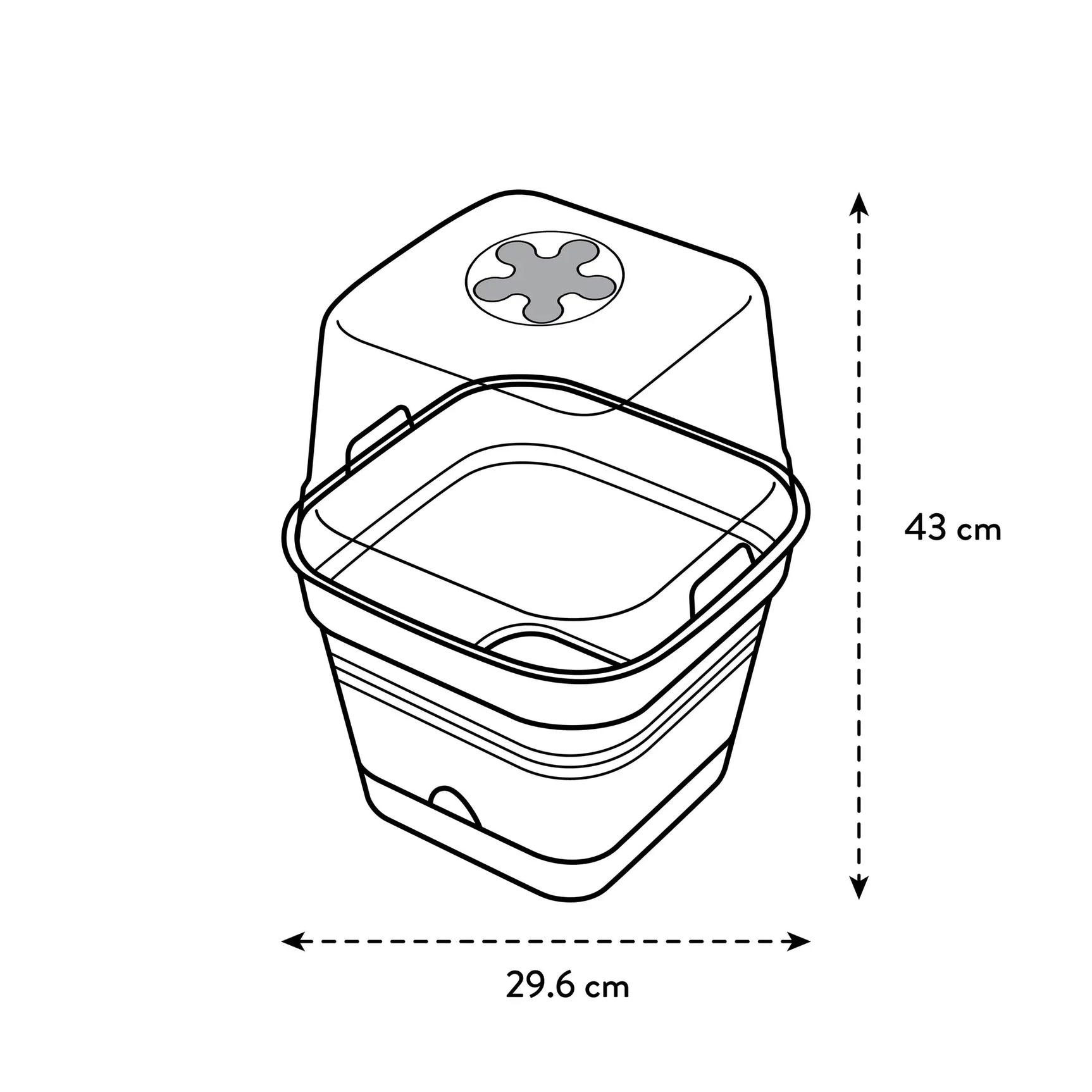 Tekening van vierkante kweekpot met afmetingen 29,6 cm en 43 cm