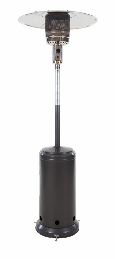 Grijze Sunred gaspatioheater op hoge poot met ronde kap.