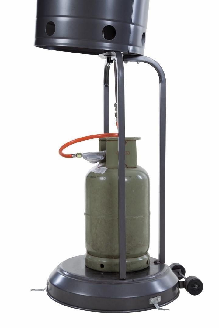 Sunred gaspatioheater met grijze voet, branderbuis en gasflesaansluiting.