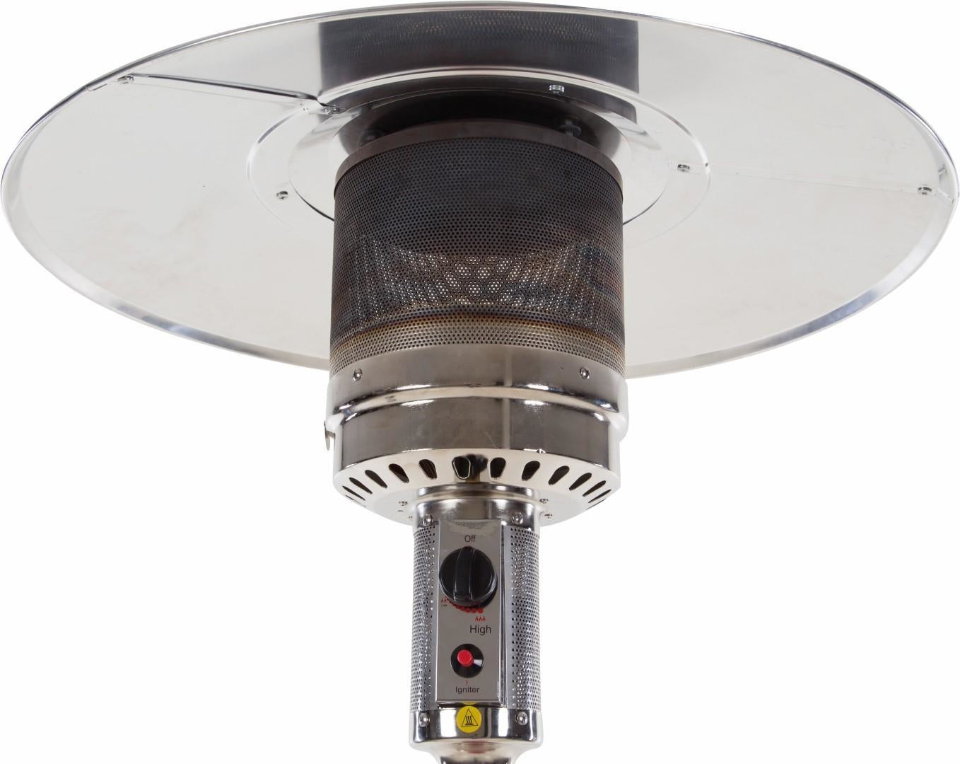 Grijze Sunred gaspatioheater met ronde kap, brander en bedienpaneel.