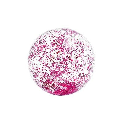 Glitter strandbal 71 cm, roze-wit met rode glitters