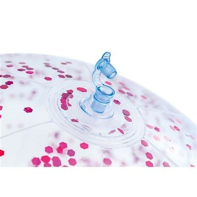 Glitter strandbal 71 cm, roze met blauwe ventieldop