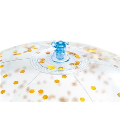 Glitter strandbal 71 cm, wit met goudglitters en blauwe ventieldop