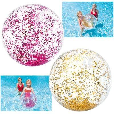 Glitter strandbal 71 cm, roze met zilveren glitters
