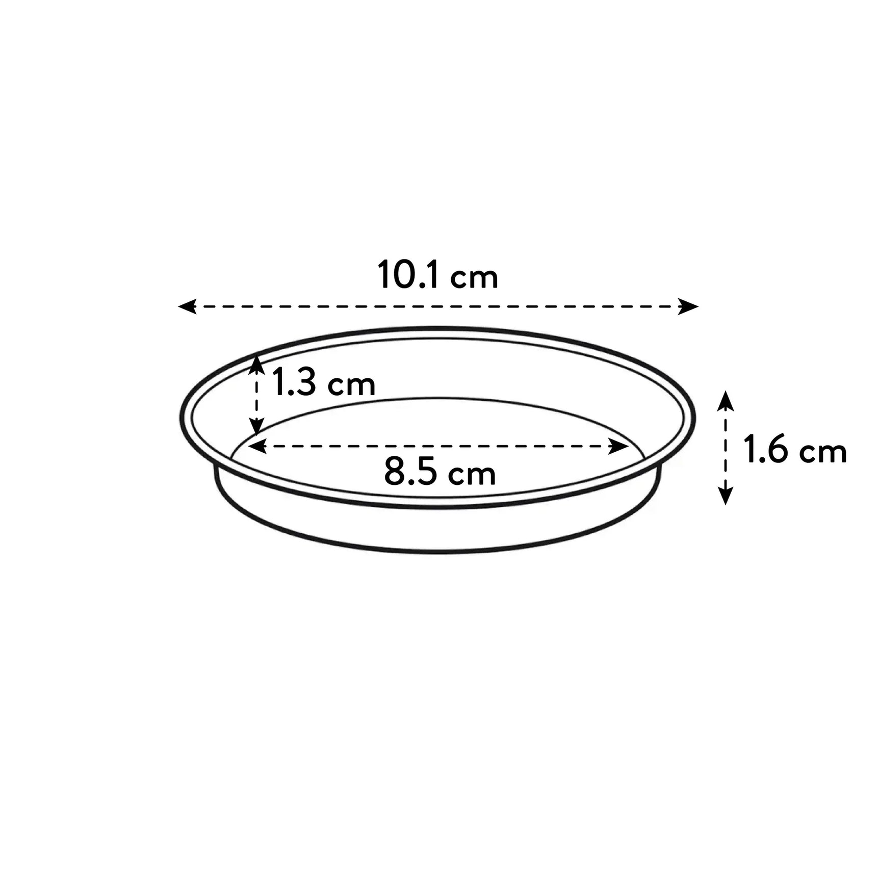 Zwarte plantenopvangschotel met maatvoering: 10,1 cm ø, 1,6 cm hoog