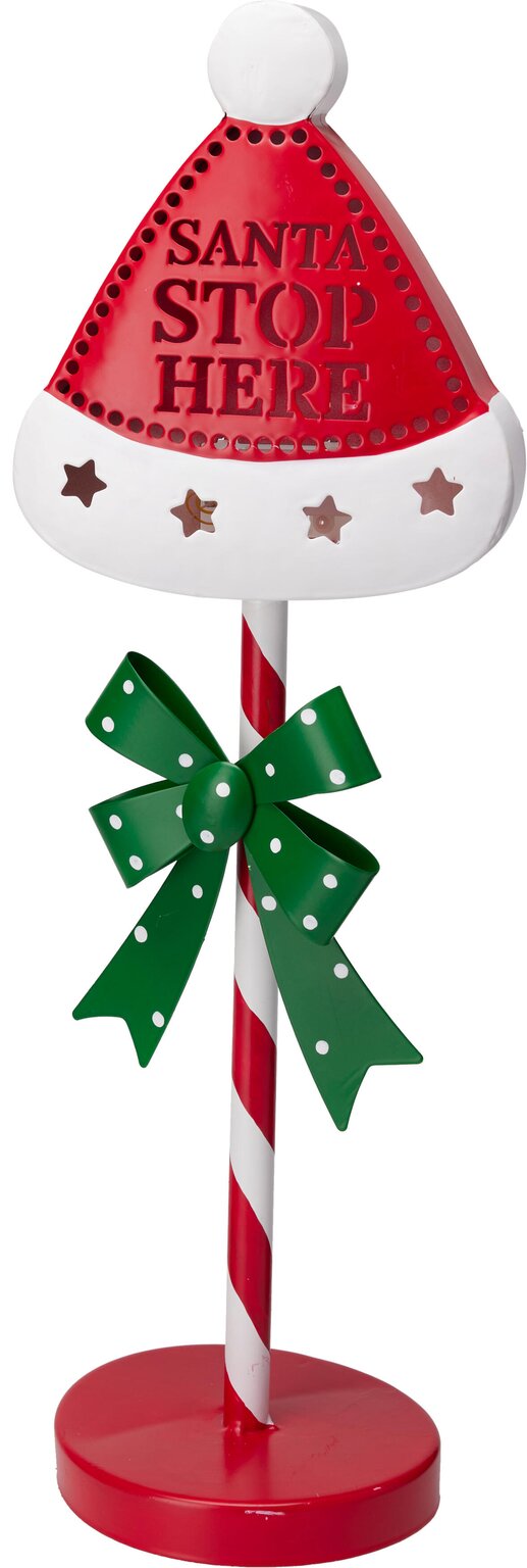 LED-kerstfiguur op paal met ‘Santa stop here’, witte kap met sterren en groene strik