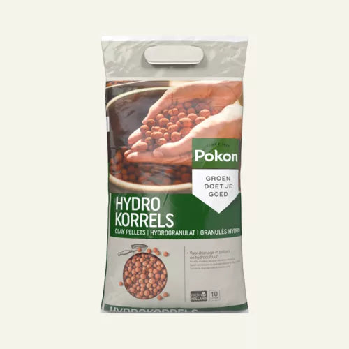 Hydrokorrels in zak met groene label en afbeelding van kleikorrels