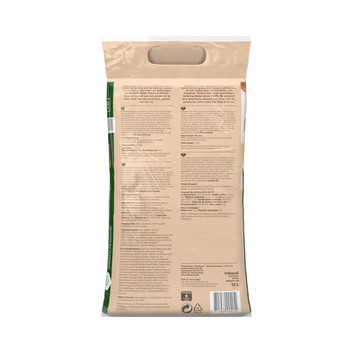 Achterzijde van boomschors Excellent-zak met productinformatie en barcode