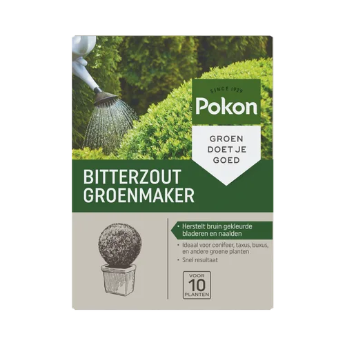 Pokon Bitterzout Groenmaker doos met tekst 'Bitterzout Groenmaker' en 'Voor 10 planten'