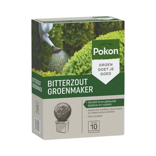 Pokon Bitterzout Groenmaker verpakking met 'Groen doet je goed' en 'Voor 10 planten'