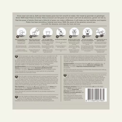 Achterzijde verpakking Pokon potgrond compact met barcode en gebruiksinformatie