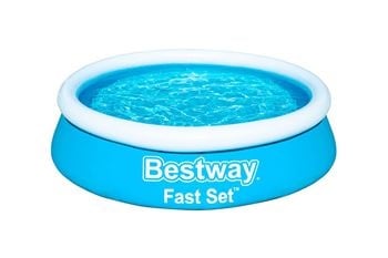 Rond opzetzwembad met blauwe wand en witte rand, met Bestway Fast Set opschrift.