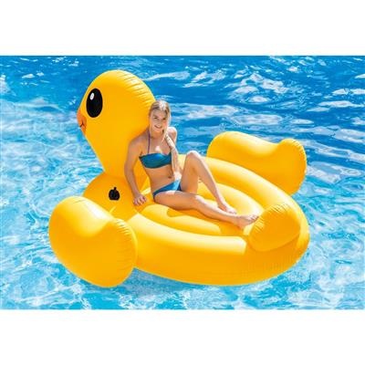 Opblaasbare gele eend RIDE-ON in zwembad, met meisje erop, Intex