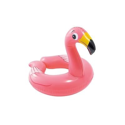 Roze opblaasbare flamingo-zwemring met gele snavel en zwarte oogjes.