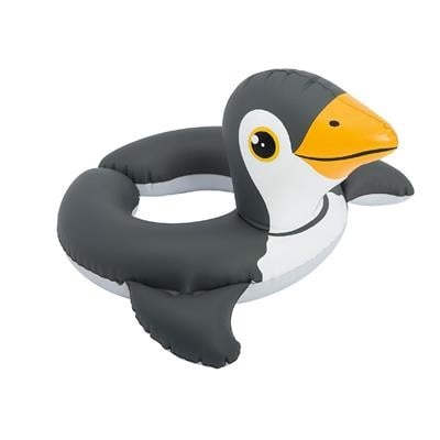 Zwarte opblaasbare pinguïn-zwemring met witte buik en gele snavel.