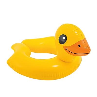 Gele opblaasbare eendenzwemring met oranje snavel en lachend gezicht.