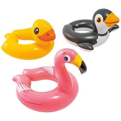 Drie opblaasbare dierenzwemringen: gele eend, roze flamingo, zwarte pinguïn.