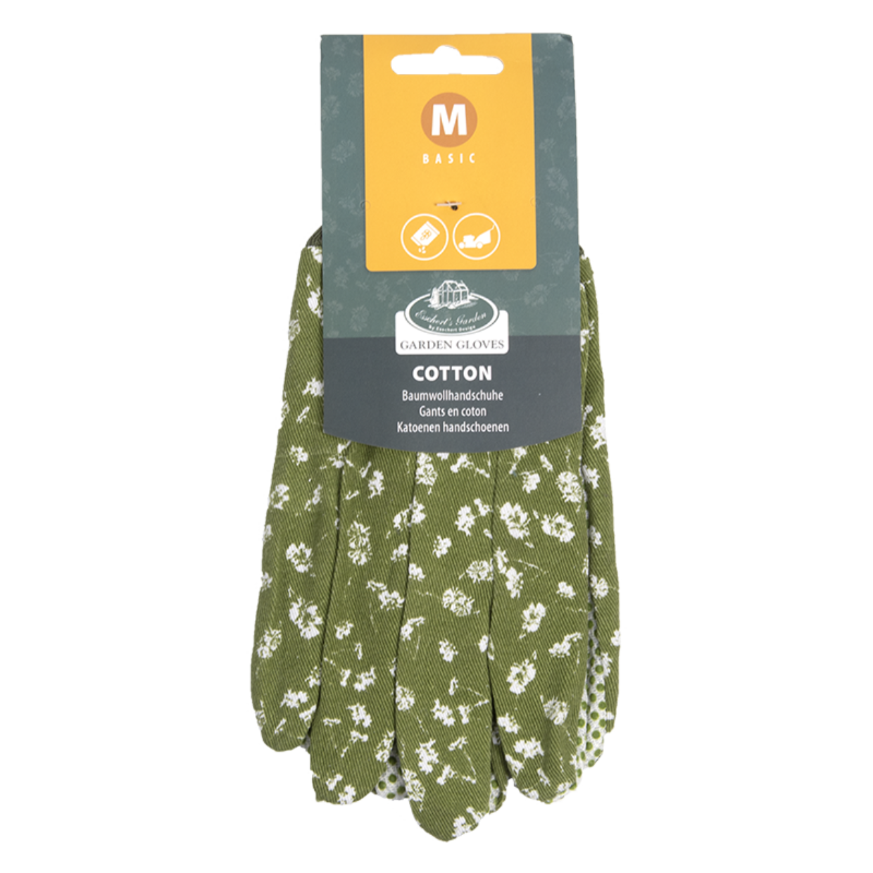 Katoenen tuinhandschoenen M met witte bloemen op groen, geribde manchet en label