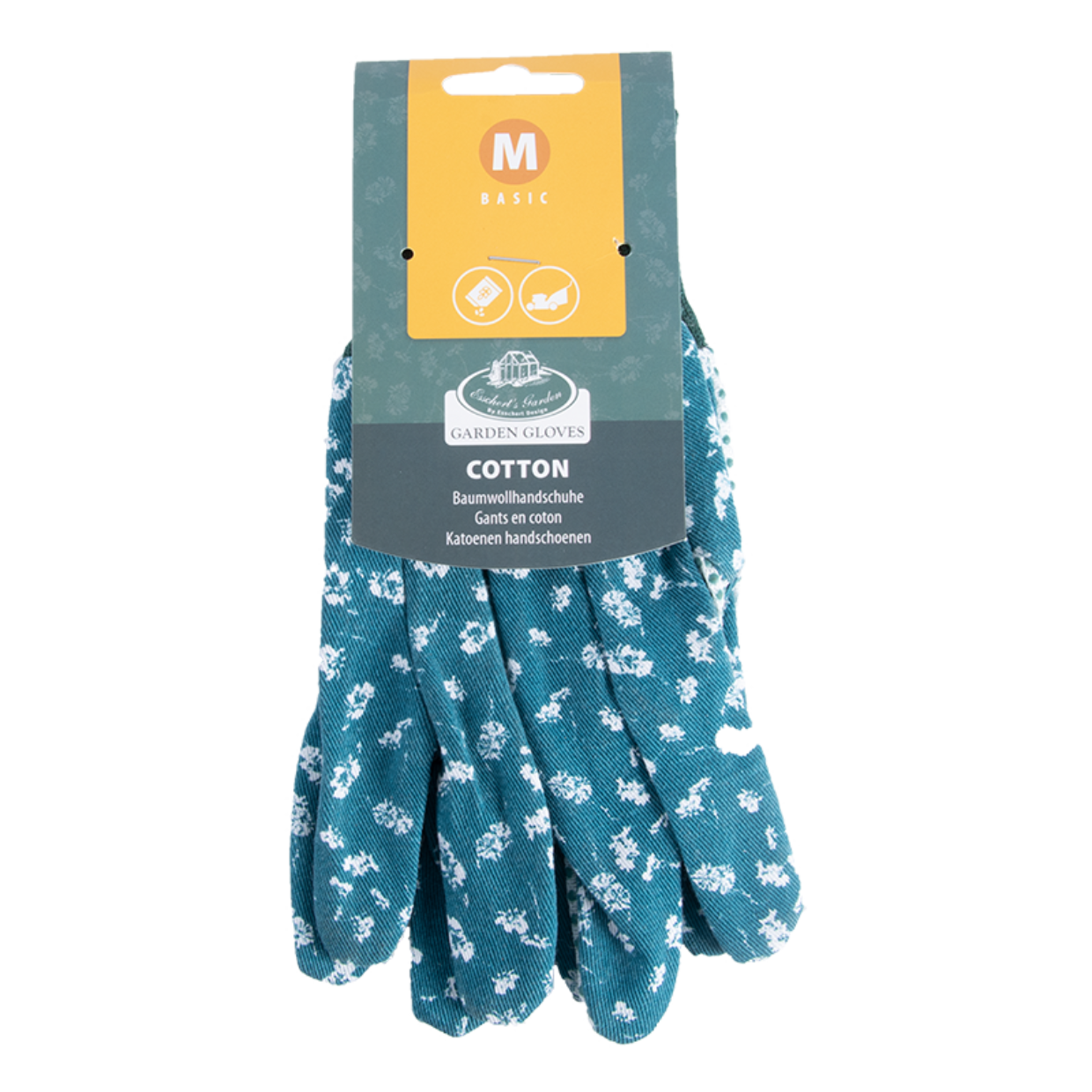 Katoenen tuinhandschoenen M met witte bloemen op blauw, geribde manchet en label