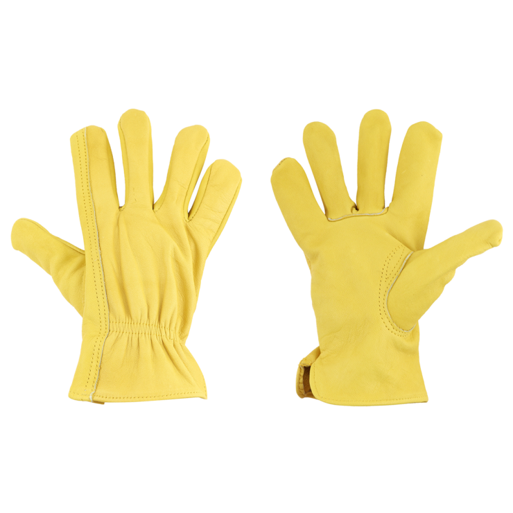 Geel leren tuinhandschoenen met brede manchet en knoopsluiting
