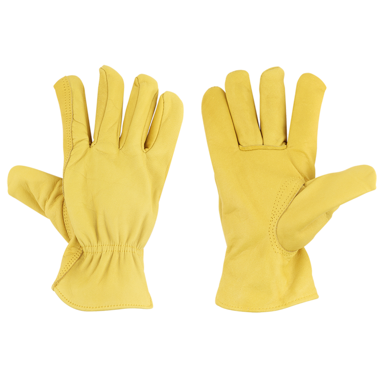 Paar gele leren tuinhandschoenen met knokkelstiksels
