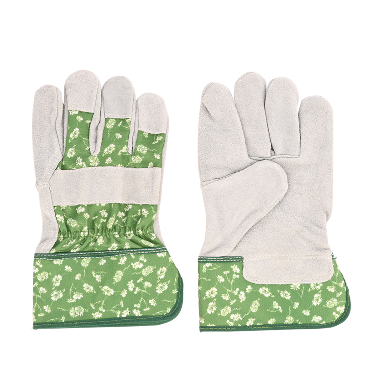 Set werkhandschoenen met groene voering en wit bloemenpatroon, grijze handpalm