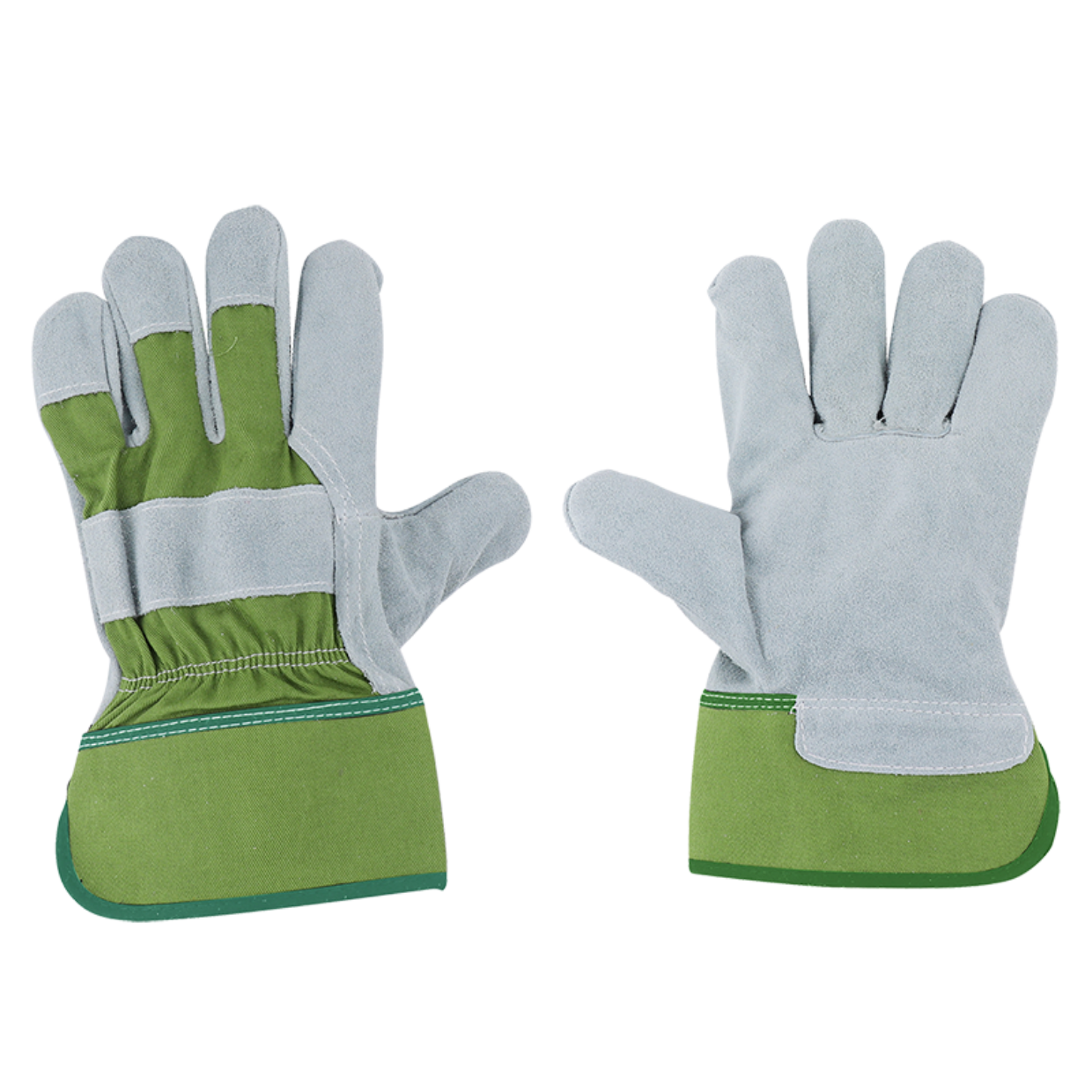 Werkhandschoenen groen met lichtgrijze handpalm, paar in andere hoek