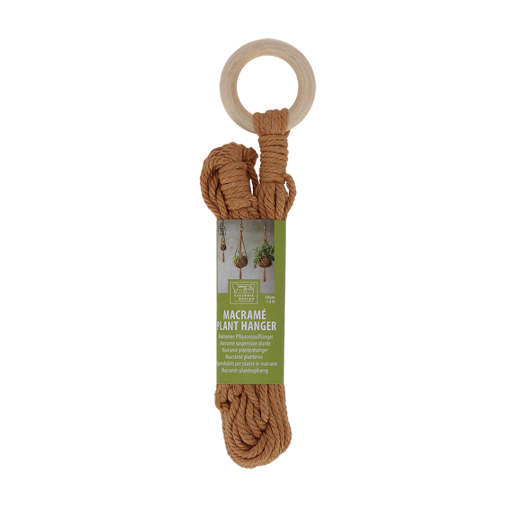 Macramé plantenhanger van gevlochten touw met ophanglus en touwlengte