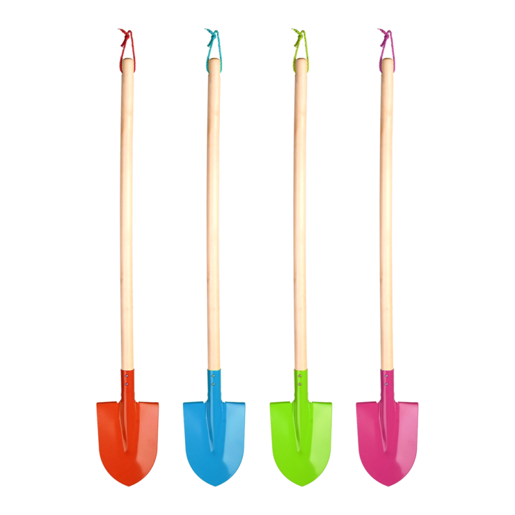 Kinder scheppen set: vier felgekleurde schoppen met houten steel, rood blauw groen roze.