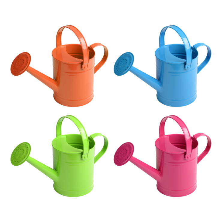 Set kindergieters met vier felle watergieters: oranje, blauw, groen en roze.