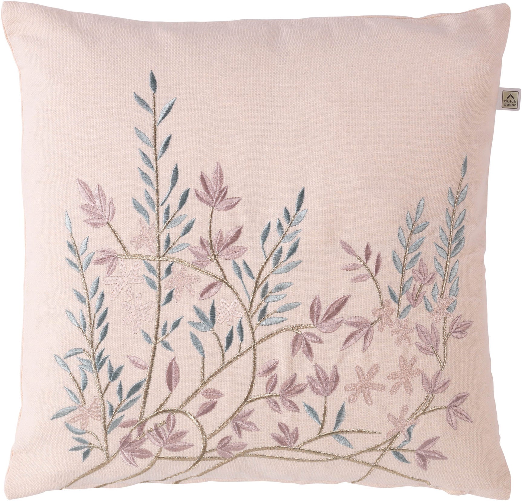 Sierkussen 45x45 cm met geborduurde takken, blauw en roze, op lichtroze hoes
