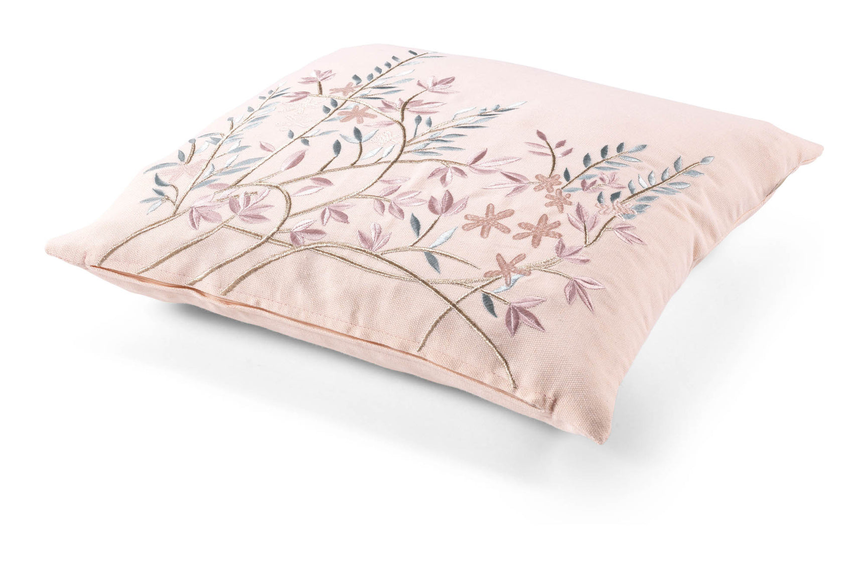 Sierkussen 45x45 cm, lichtroze met geborduurde takken in blauw en roze