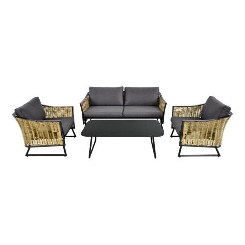 Loungeset met grijze kussens, rotan armleunstoelen en zwarte poten