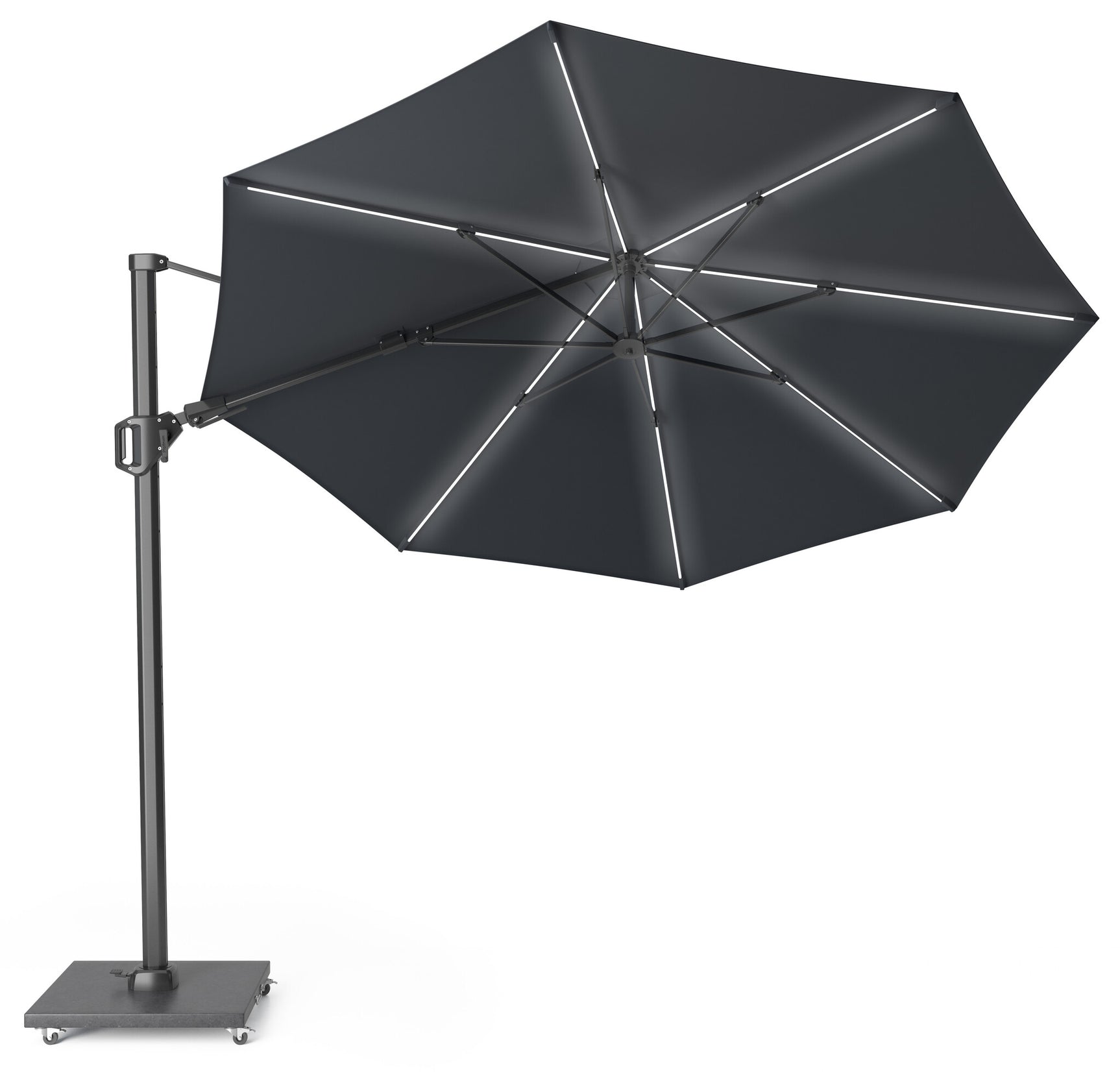 Antraciet zweefparasol met ronde doek en centrale paalvoet