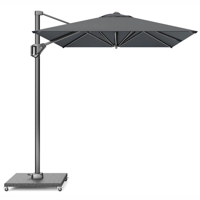 Antraciete zweefparasol met open doek en centrale mast, rechthoekig bovenframe