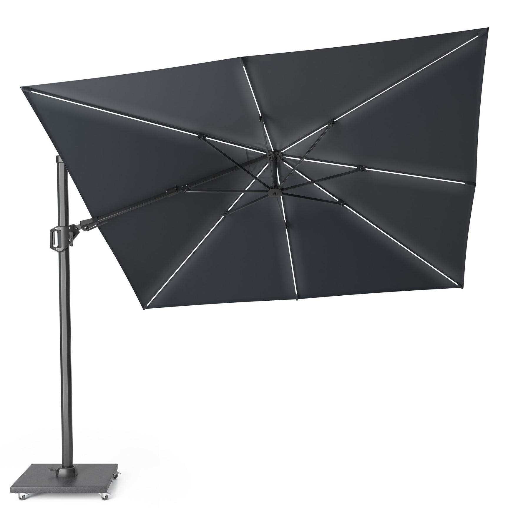 Antraciet zweefparasol met vierkante doek en kruisvormige ribben