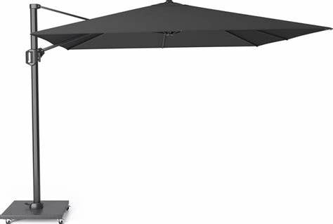 Zweefparasol met donker stoffen doek en metalen paal, vierkant