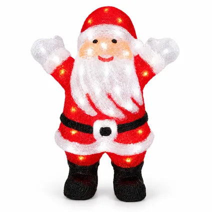 Kerstmanfiguur met ledlampjes, rode muts en broek, witte baard, armen omhoog