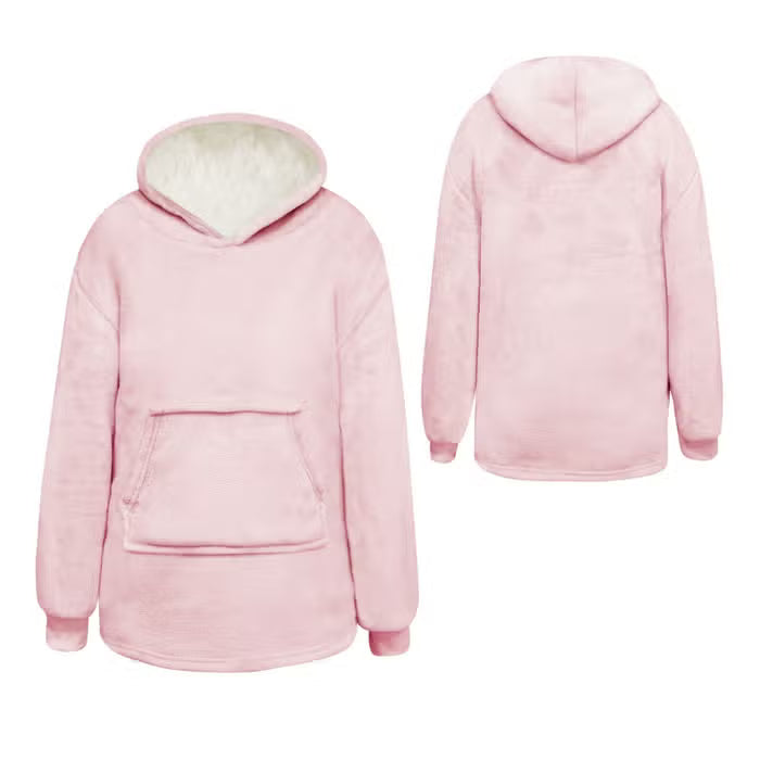Roze kinderhoodie: voor- en achteraanzicht met capuchon