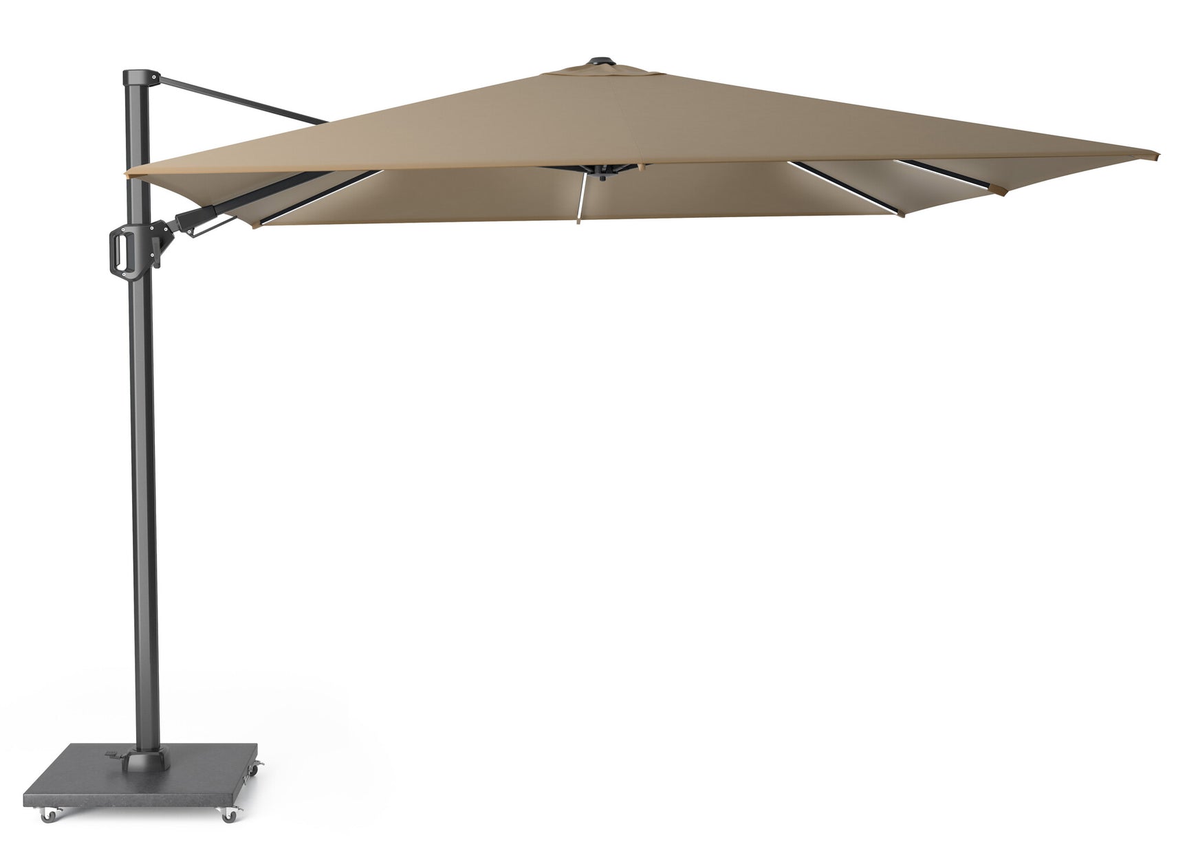 Taupe zweefparasol met open doek en ronde standvoet