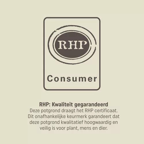 RHP Consumer keurmerk op potgrondverpakking met kwaliteitsgarantie en certificaat.