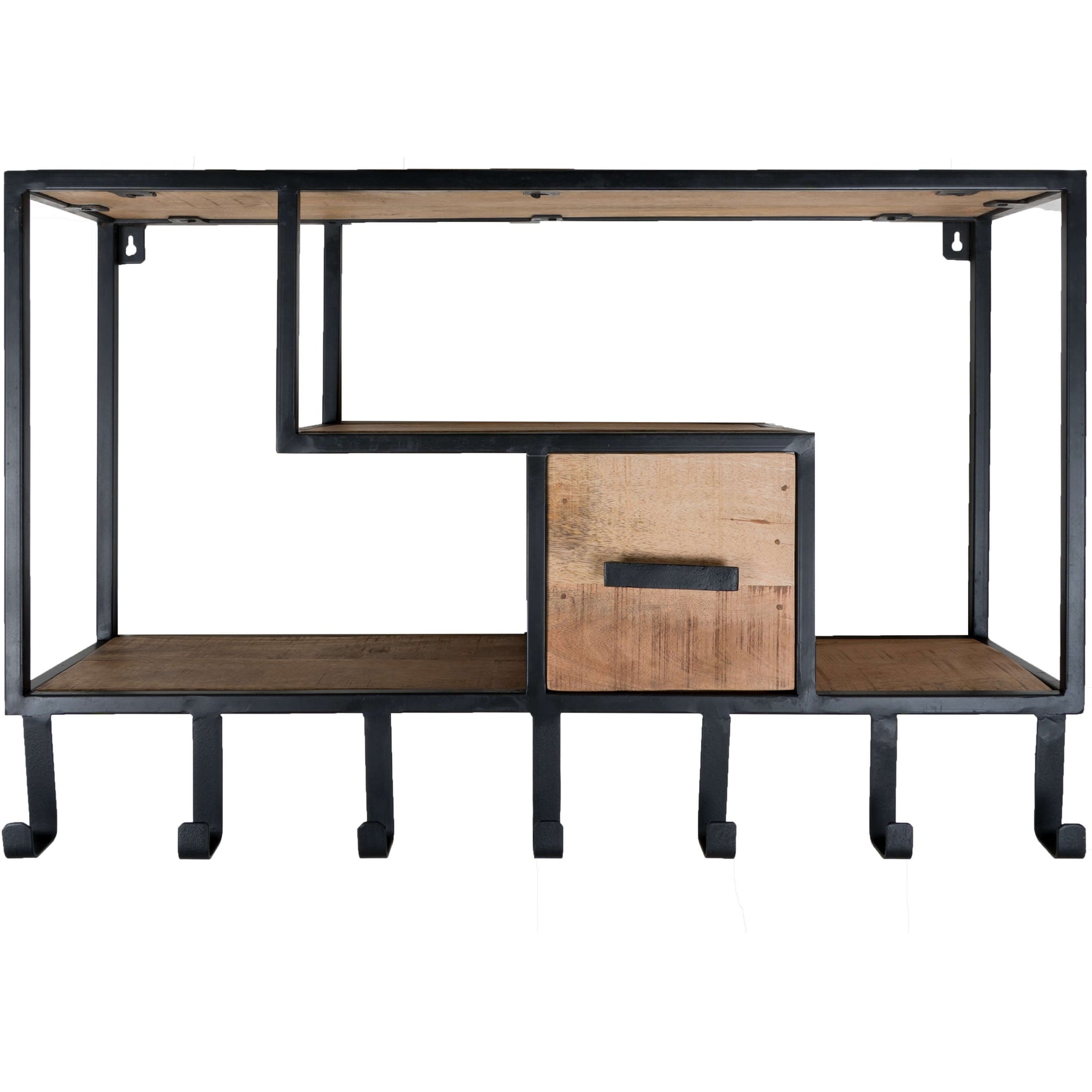 Wandkast met open vakken en houtlade, zwart metalen frame