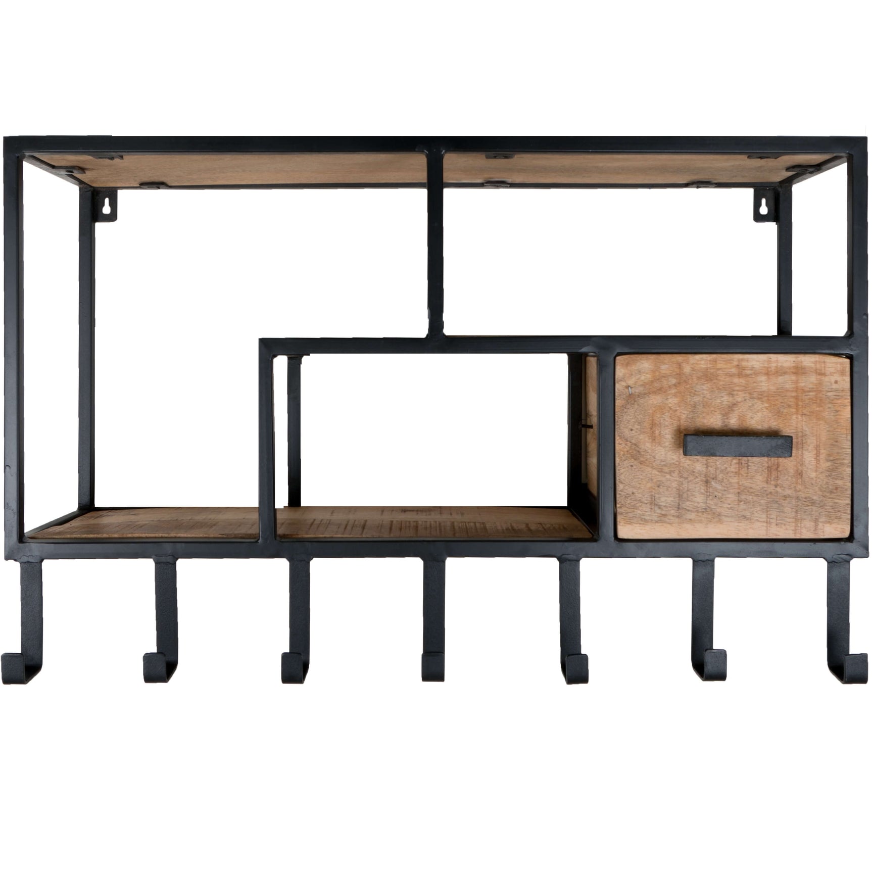 Kapstokwandkast met donkere metalen frame, houten planken en lade aan de zijkant