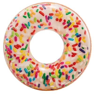 Donutzwembadband met witte glazuurlaag, grote regenboogsprinkles rondom het frame