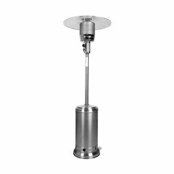 RVS gasheater met ronde basis en stralingskap bovenop een staander