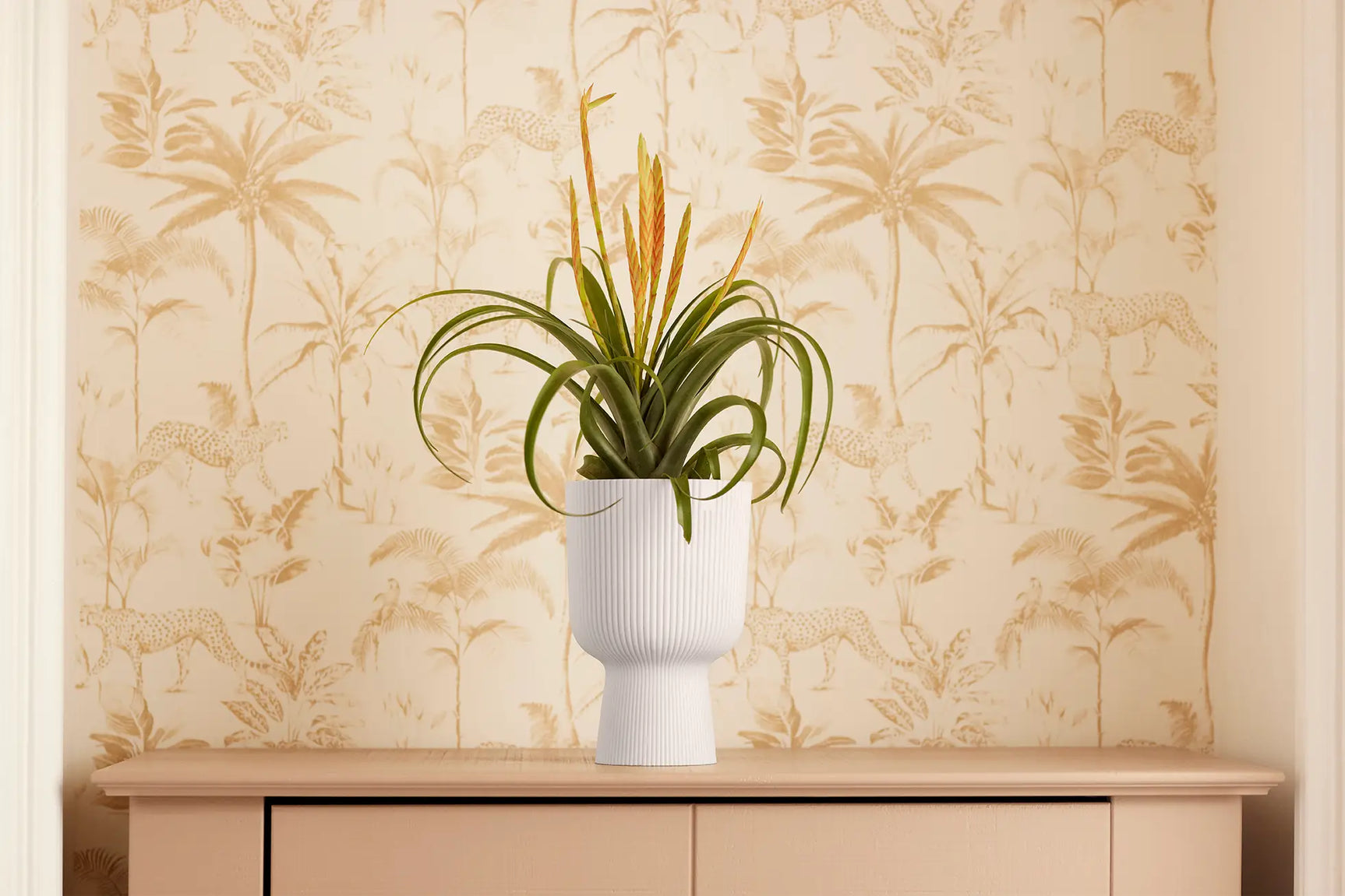 Witte Elho bloempot met groene kamerplant op meubel; ribbelstructuur